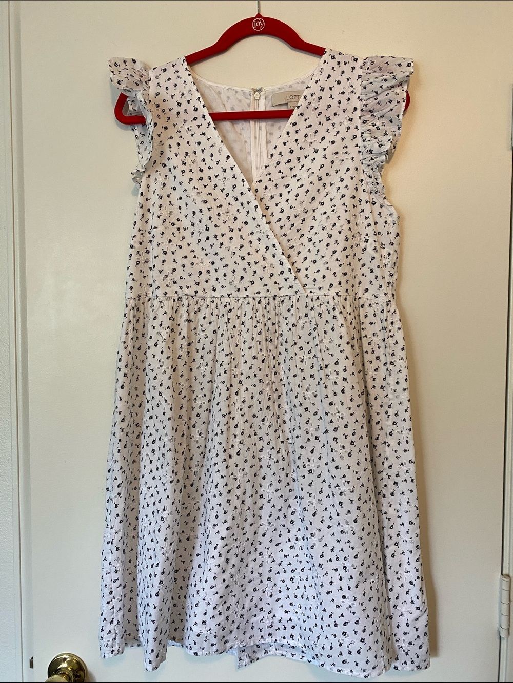 LOFT White Embroidered Dress with Black Floral Print and Ruffle Sleeves